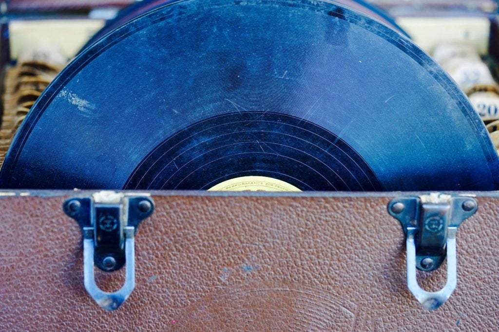 Old, dirty vinyl records in a case